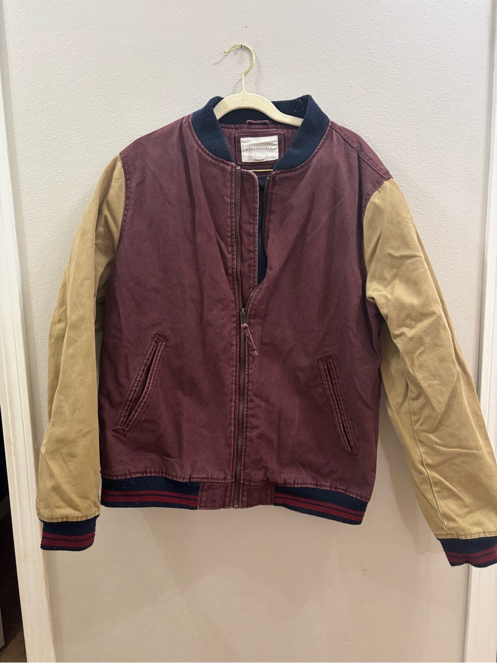 Aeropostale Burgundy Body Tan Sleeve Bomber Jacket medium